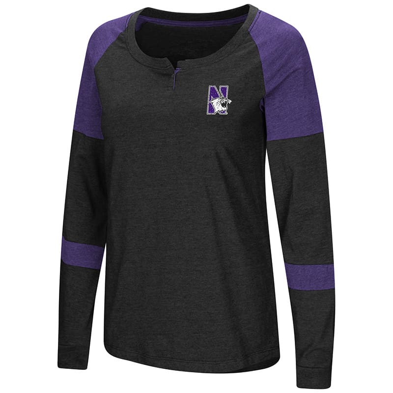 Northwestern University Wildcats Colosseum Ladies Black/Purple Dorothy L/S Raglan T-Shirt with N-Cat Design