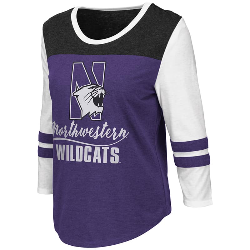 Northwestern University Wildcats Colosseum Ladies Purple/Black/White Palermo 3/4 Sleeve T-Shirt with N-Cat Design