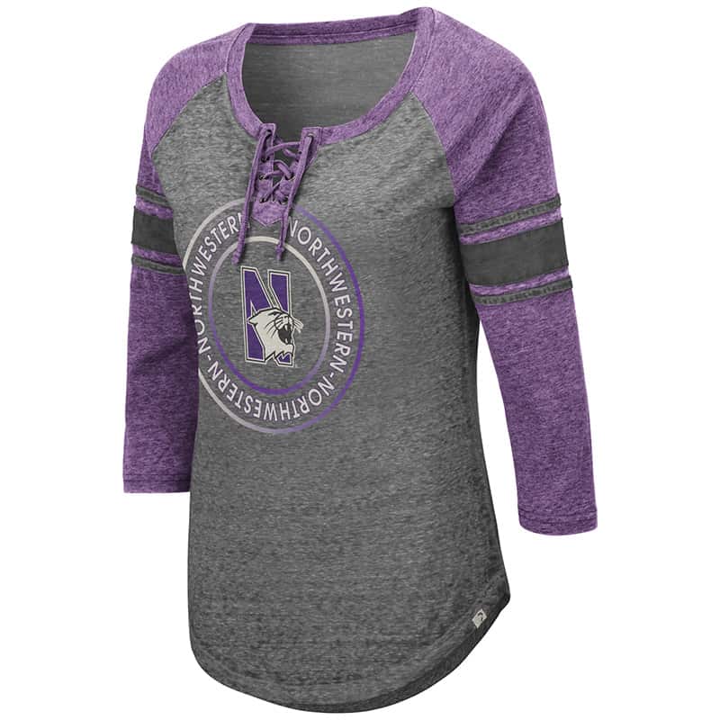 Northwestern University Wildcats Colosseum Ladies Carrie Lace Up Long Sleeve Tee with N-Cat Design