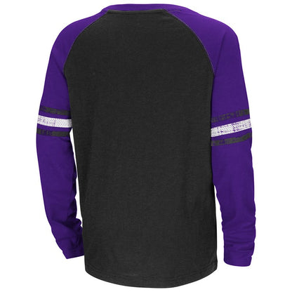 Northwestern University Wildcats Colosseum Youth Black / Purple Marble Bag Raglan L/S T-Shirt with N-Cat Design-Back