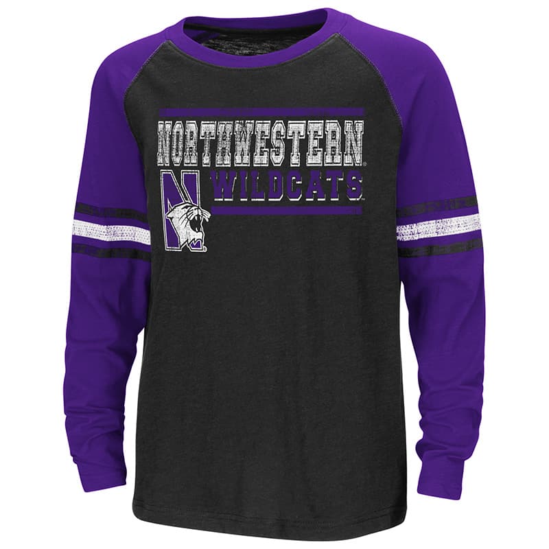 Northwestern University Wildcats Colosseum Youth Black / Purple Marble Bag Raglan L/S T-Shirt with N-Cat Design