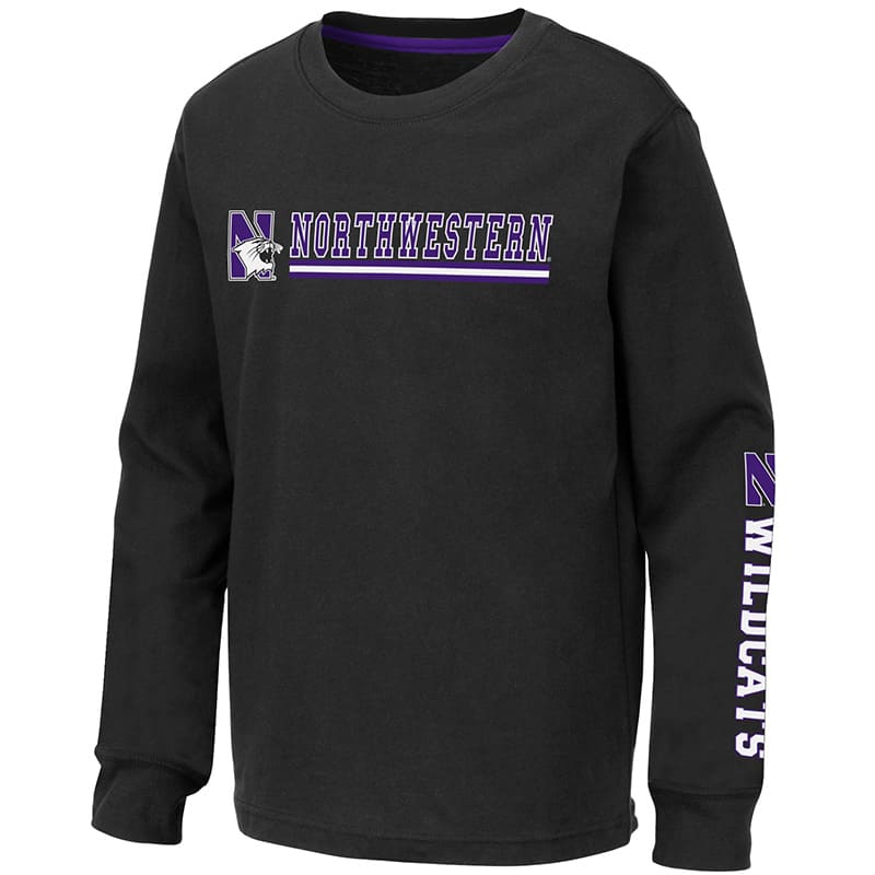 Northwestern University Wildcats Colosseum Youth Black Alberta L/S T-Shirt with N-Cat Design