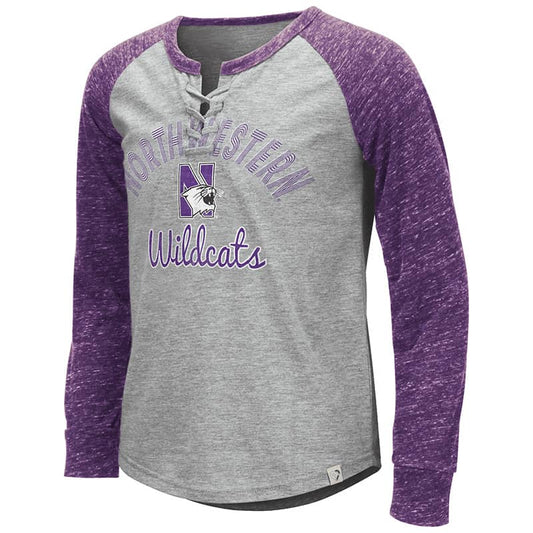 Northwestern University Wildcats Colosseum Girls Rita Lace Up L/S Tee With N-Cat Design