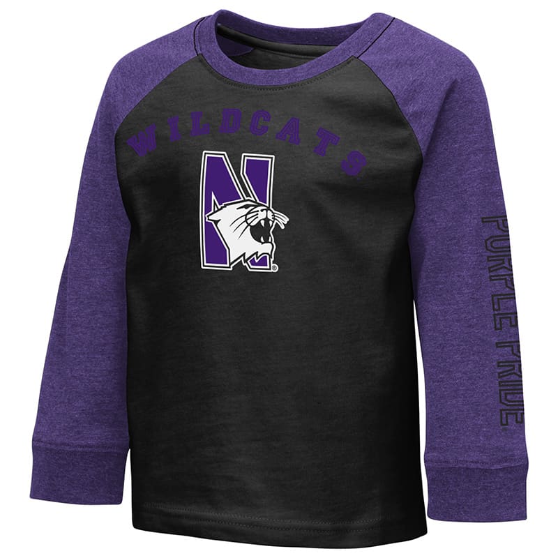Northwestern University Wildcats Colosseum Toddler Baseball Style Raglan L/S Tee With N-Cat Design