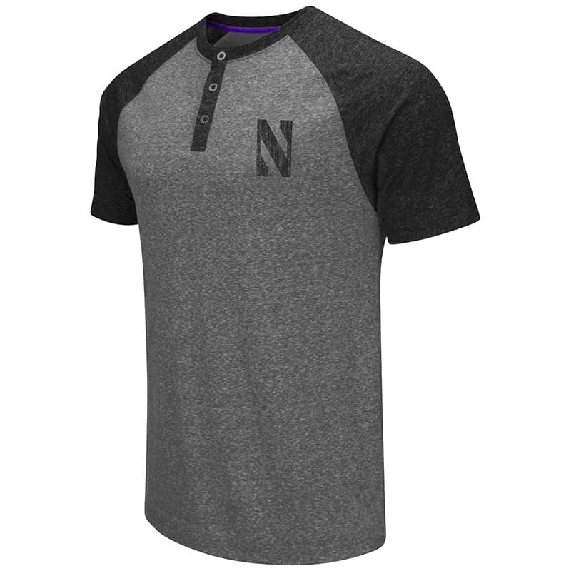 Northwestern University Wildcats Colosseum Men's Heather Grey / Heather Black Moops Henley S/S T-Shirt with Stylized N Design