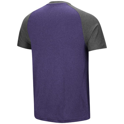 Northwestern University Wildcats Colosseum Men's Heather Purple/ Charcoal The Heat S/S Raglan with Full Chest Stylized N Design-Back
