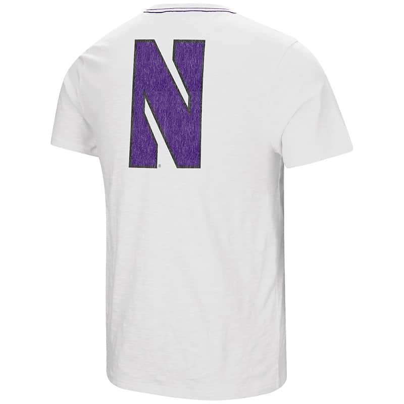 Northwestern University Wildcats Colosseum Men's White Million Dollar Arm S/S T-Shirt with Stylized N Design-Back