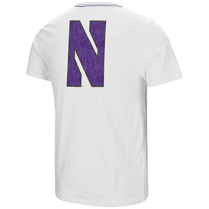 Northwestern University Wildcats Colosseum Men's White Million Dollar Arm S/S T-Shirt with Stylized N Design-Back