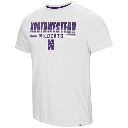 Northwestern University Wildcats Colosseum Men's White Million Dollar Arm S/S T-Shirt with Stylized N Design