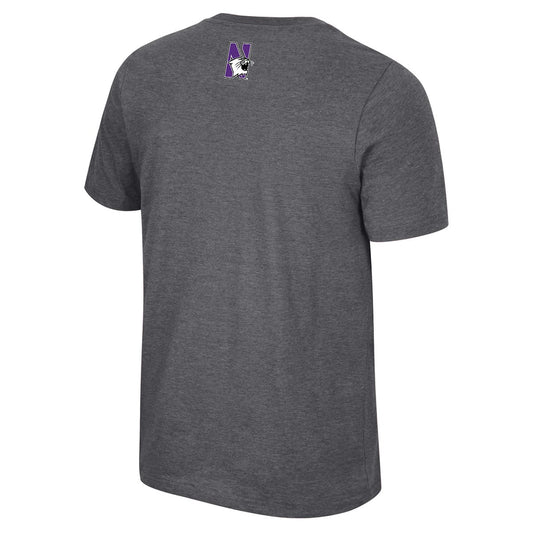 Northwestern University Wildcats Colosseum Men's Ben Dual Blend Heather Black S/S Tee With Straight Northwestern Design-Black