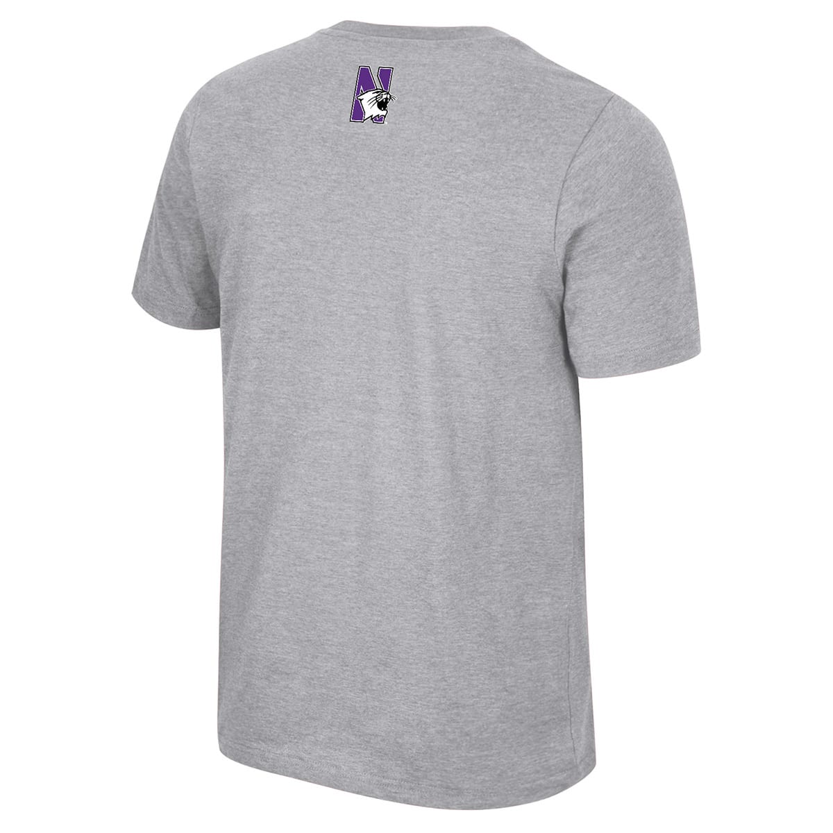 Northwestern University Wildcats Colosseum Men's Ben Dual Blend Heather Gray S/S Tee With Straight Northwestern Design -Back