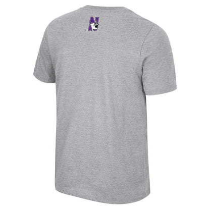 Northwestern University Wildcats Colosseum Men's Ben Dual Blend Heather Gray S/S Tee With Straight Northwestern Design -Back
