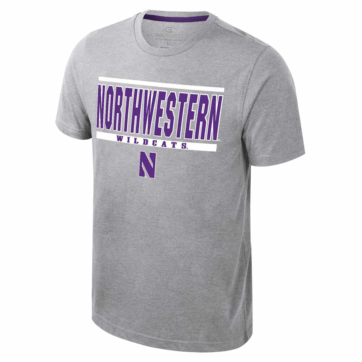 Northwestern University Wildcats Colosseum Men's Ben Dual Blend Heather Gray S/S Tee With Straight Northwestern Design