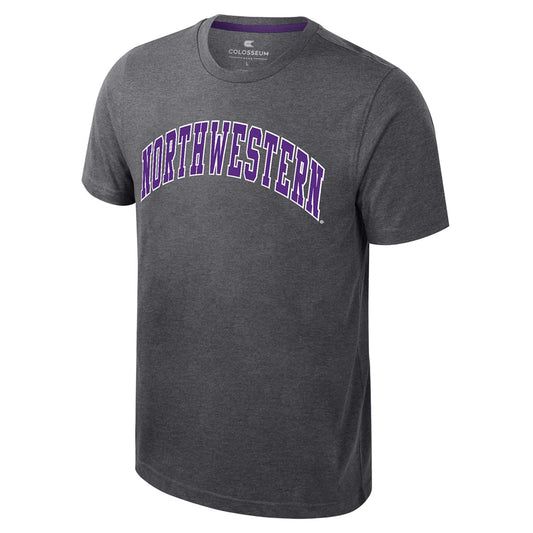 Northwestern University Wildcats Colosseum Men's Ben Dual Blend Heather Black S/S Tee With Arch Northwestern Design