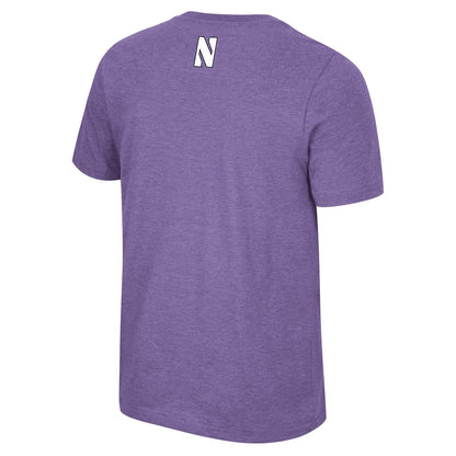 Northwestern University Wildcats Colosseum Men's Ben Dual Blend Heather Purple S/S Tee With Arch Northwestern Over N-Cat Design-Back