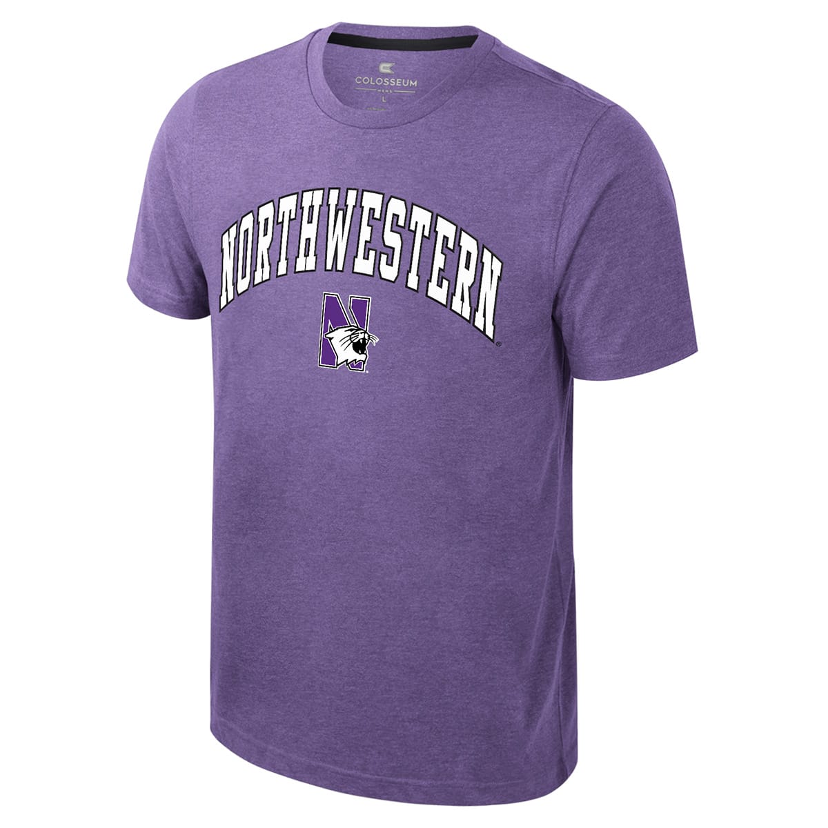 Northwestern University Wildcats Colosseum Men's Ben Dual Blend Heather Purple S/S Tee With Arch Northwestern Over N-Cat Design
