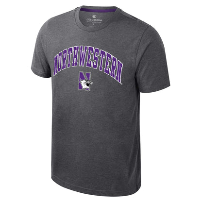 Northwestern University Wildcats Colosseum Men's Ben Dual Blend Heather Black S/S Tee With Arch Northwestern Over N-Cat Design