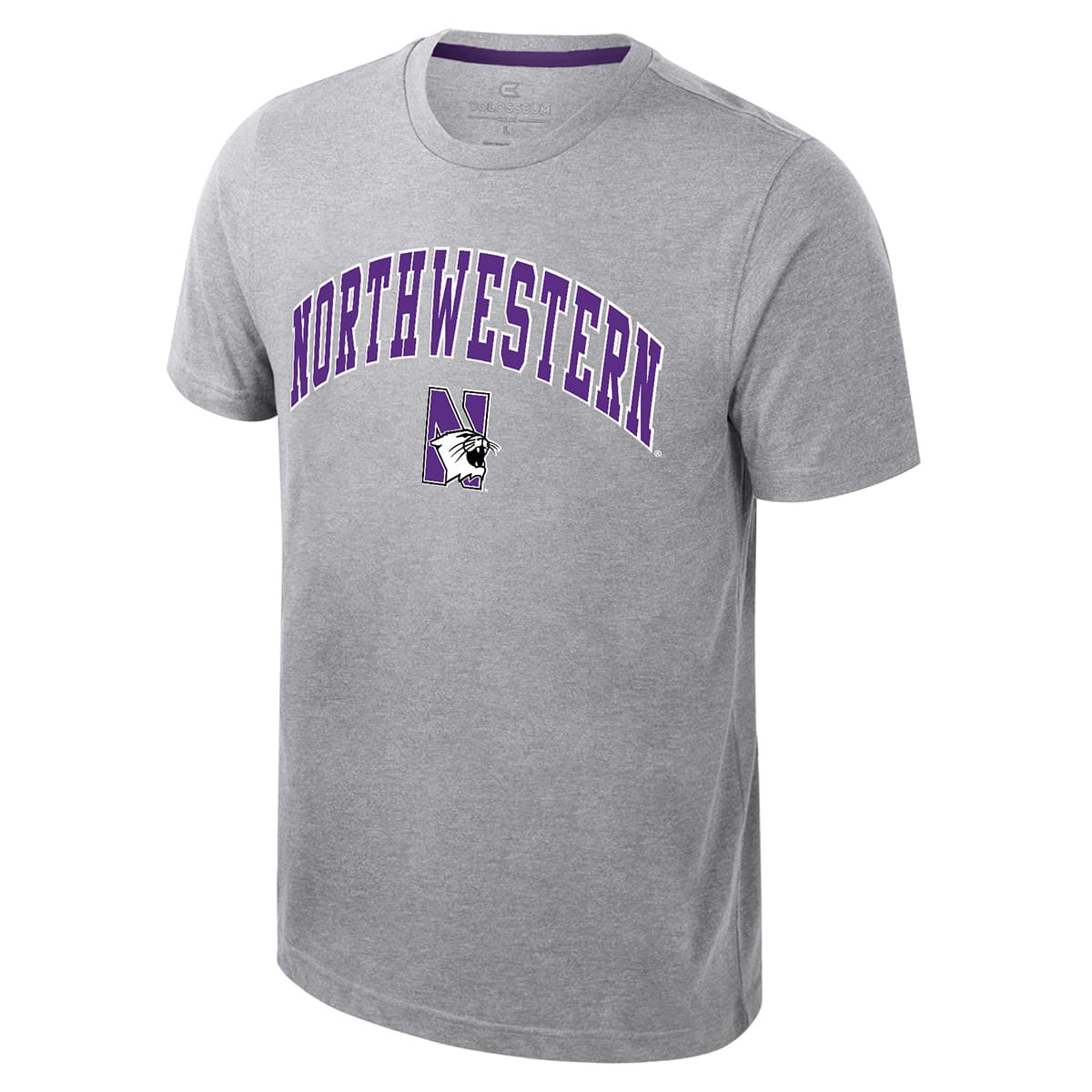 Northwestern University Wildcats Colosseum Men's Ben Dual Blend Heather Gray S/S Tee With Arch Northwestern Over N-Cat Design