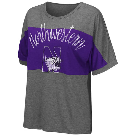 Northwestern University Wildcats Colosseum Ladies Heather Charcoal / Purple The Rachel S/S T-Shirt with N-Cat Design