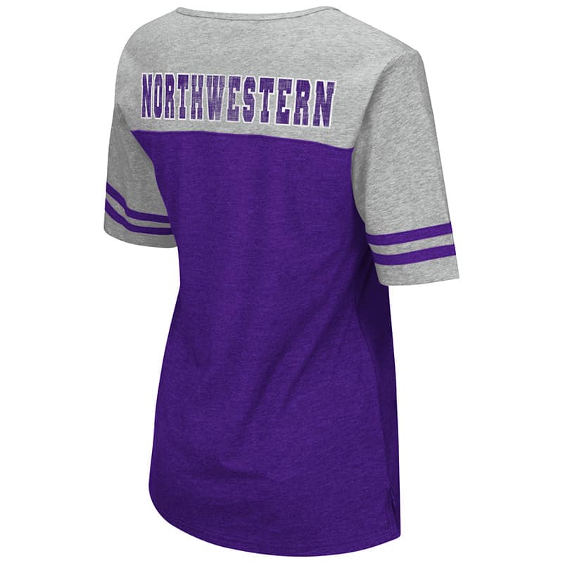 Northwestern University Wildcats Colosseum Ladies Purple / Heather Grey On A Break V-Neck T-Shirt with N-Cat Design-Back