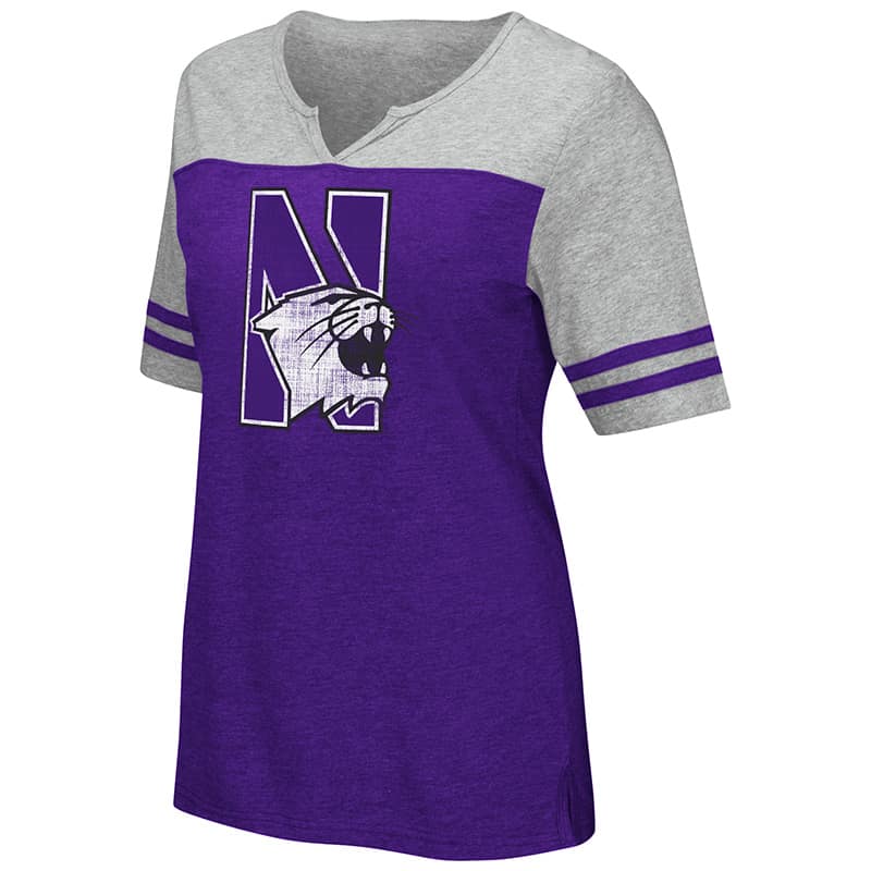 Northwestern University Wildcats Colosseum Ladies Purple / Heather Grey On A Break V-Neck T-Shirt with N-Cat Design