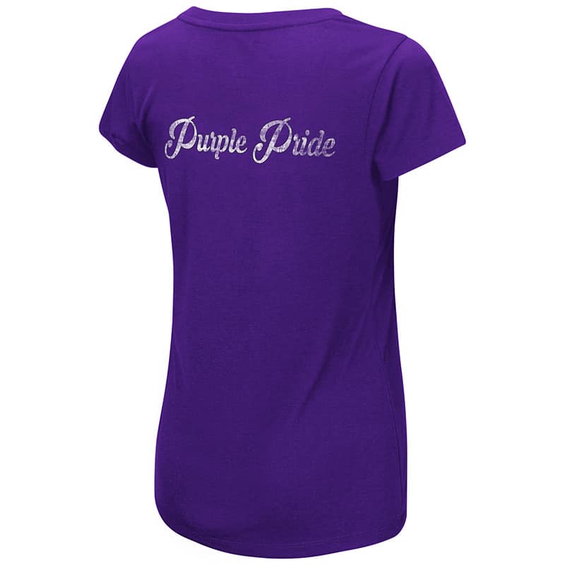 Northwestern University Wildcats Colosseum Ladies Purple How You Doin' V-Neck S/S T-Shirt with N-Cat Design-Back