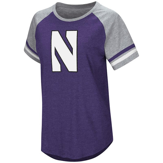 Northwestern University Wildcats Colosseum Ladies Purple/Heather Grey Southbend Blue Sox Oversized S/S T-Shirt with Stylized N Design