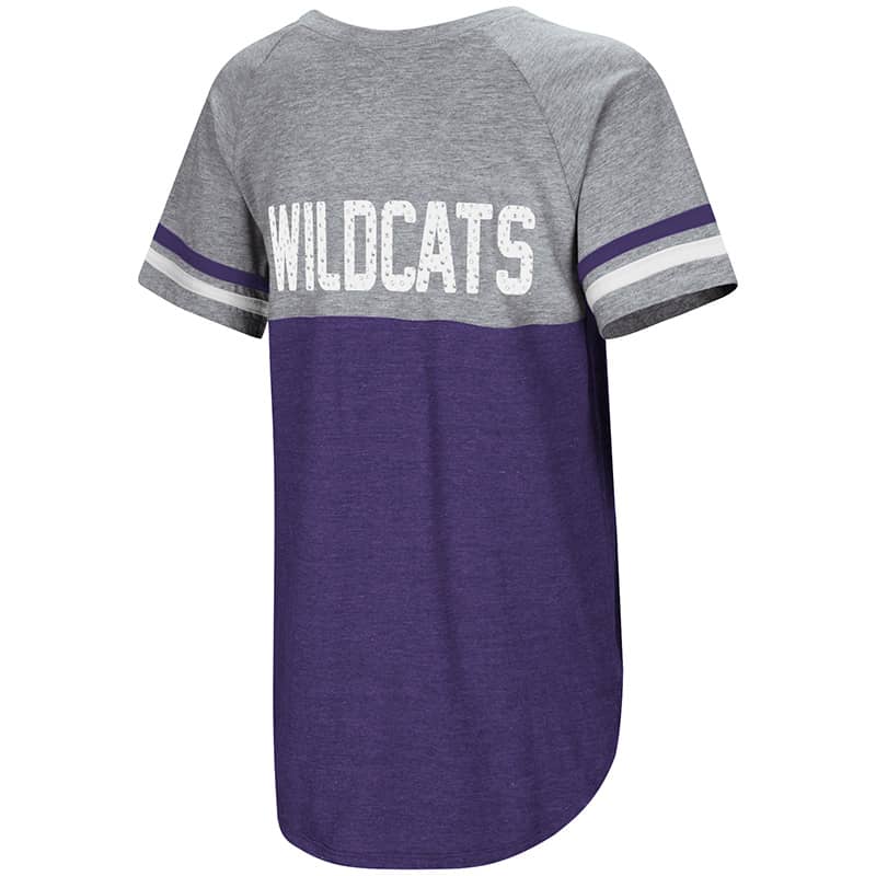 Northwestern University Wildcats Colosseum Ladies Purple/Heather Grey Southbend Blue Sox Oversized S/S T-Shirt with N-Cat Design-Back