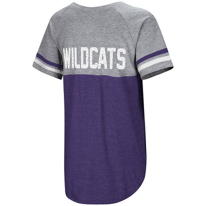 Northwestern University Wildcats Colosseum Ladies Purple/Heather Grey Southbend Blue Sox Oversized S/S T-Shirt with N-Cat Design-Back
