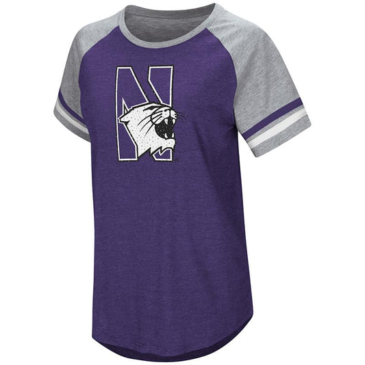 Northwestern University Wildcats Colosseum Ladies Purple/Heather Grey Southbend Blue Sox Oversized S/S T-Shirt with N-Cat Design