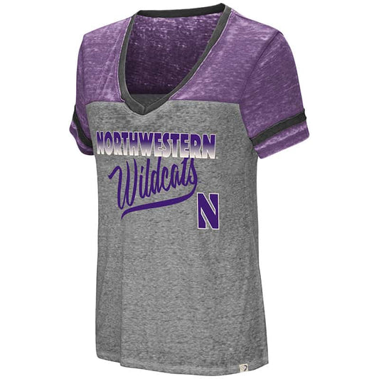 Northwestern University Wildcats Colosseum Ladies Heather Grey / Purple Final Game Oversized T-Shirt with Stylized N Design