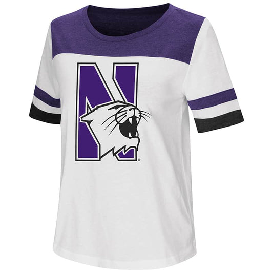 Northwestern University Wildcats Colosseum Ladies White/Purple Show Me The Money S/S T-Shirt with N-Cat Design