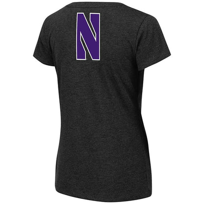 Northwestern University Wildcats Colosseum Ladies Black Salerno V-Neck T-Shirt with N-Cat Back