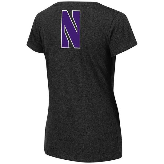 Northwestern University Wildcats Colosseum Ladies Black Salerno V-Neck T-Shirt with N-Cat Back