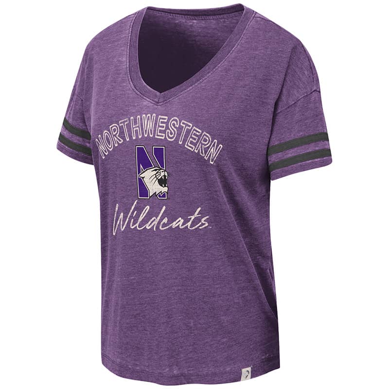 Northwestern University Wildcats Colosseum Ladies Purple/Black Savona V-Neck T-Shirt with N-Cat Design