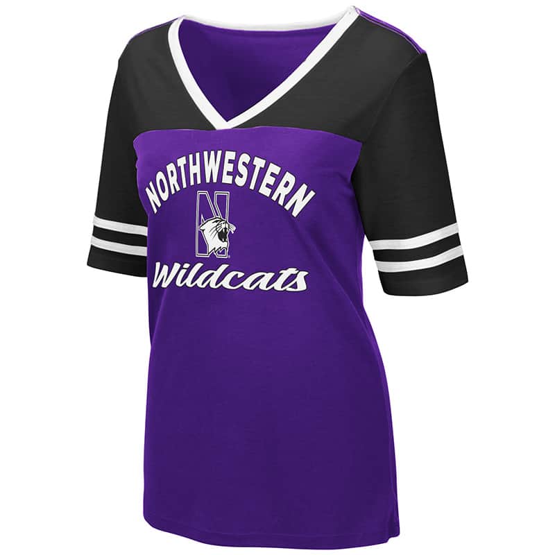 Northwestern University Wildcats Colosseum Ladies Samantha V-Neck S/S Tee with N-Cat Design