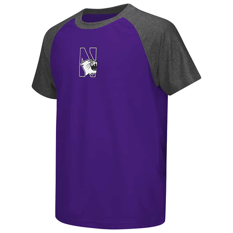 Northwestern University Wildcats Colosseum Youth Purple / Heather Charcoal Get Out Raglan S/S T-Shirt with N-Cat Design
