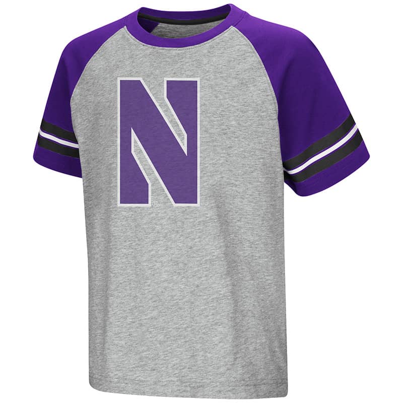 Northwestern University Wildcats Colosseum Youth Heather Grey/ Purple Bertram S/S Raglan T-Shirt with Stylized N Design