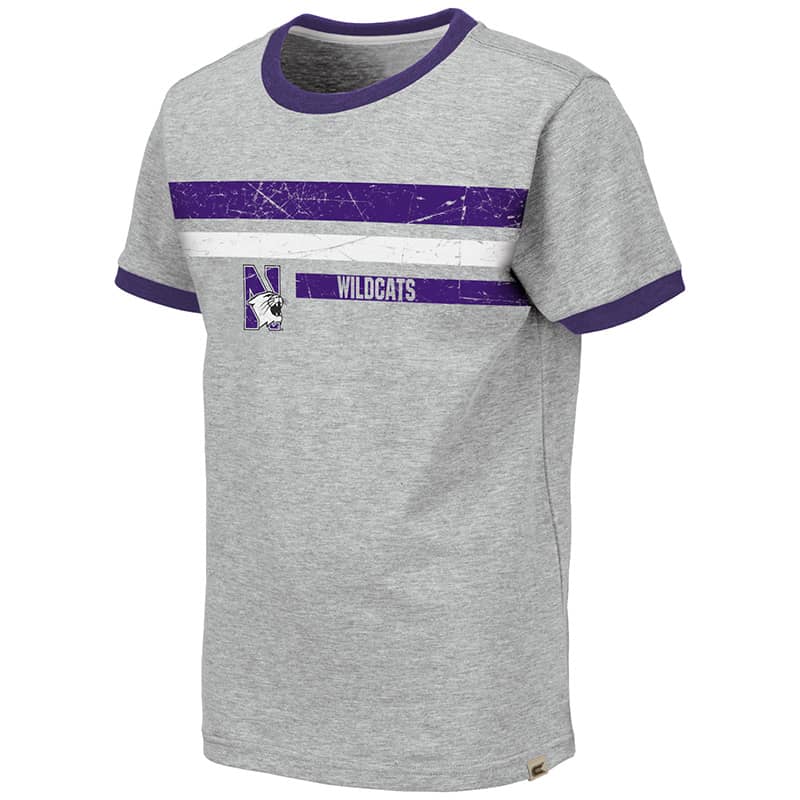 Northwestern University Wildcats Colosseum Youth Heather Grey/Purple Ontario S/S T-Shirt with N-Cat Design