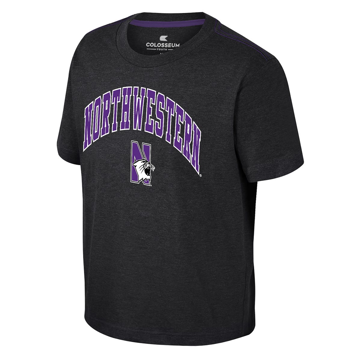 Northwestern University Wildcats Colosseum Youth Hawkins Black S/S Tee with Arch Northwestern Over N-cat Design