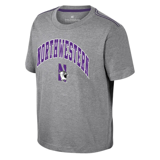 Northwestern University Wildcats Colosseum Youth Hawkins Grey S/S Tee with Arch Northwestern Over N-cat Design