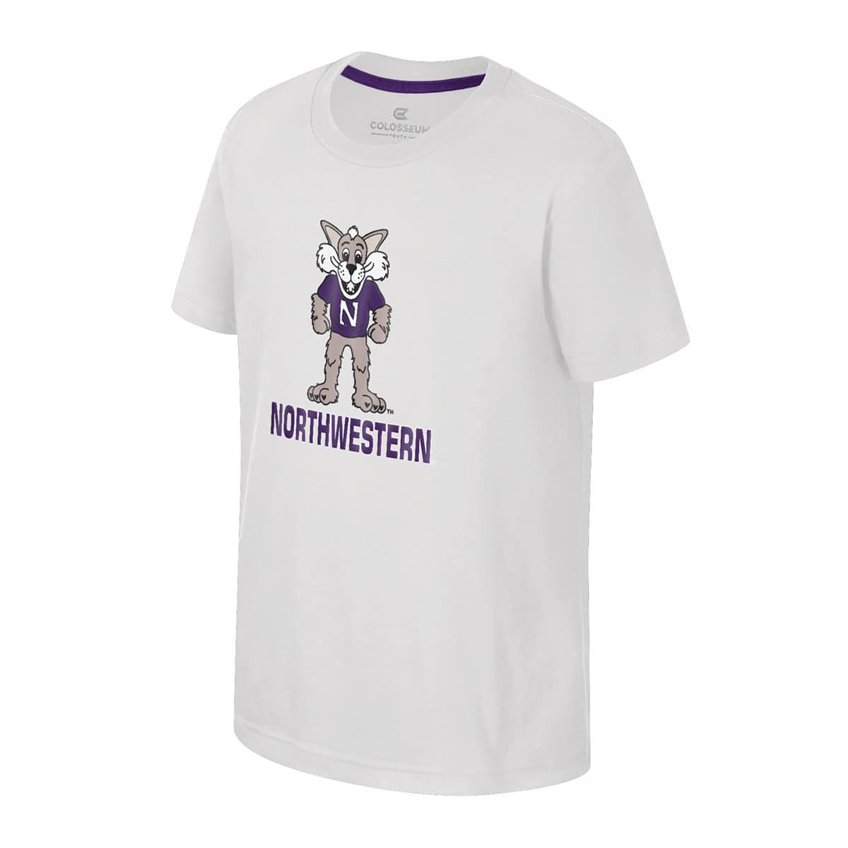 Northwestern University Wildcats Colosseum Youth Kril White S/S Tee with Willie Over Northwestern Design