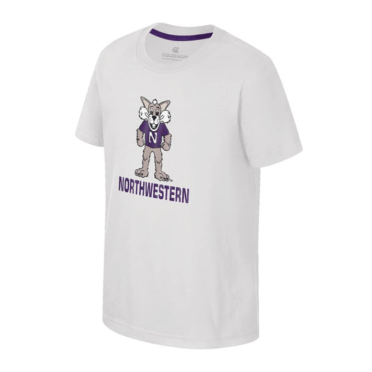 Northwestern University Wildcats Colosseum Youth Kril White S/S Tee with Willie Over Northwestern Design