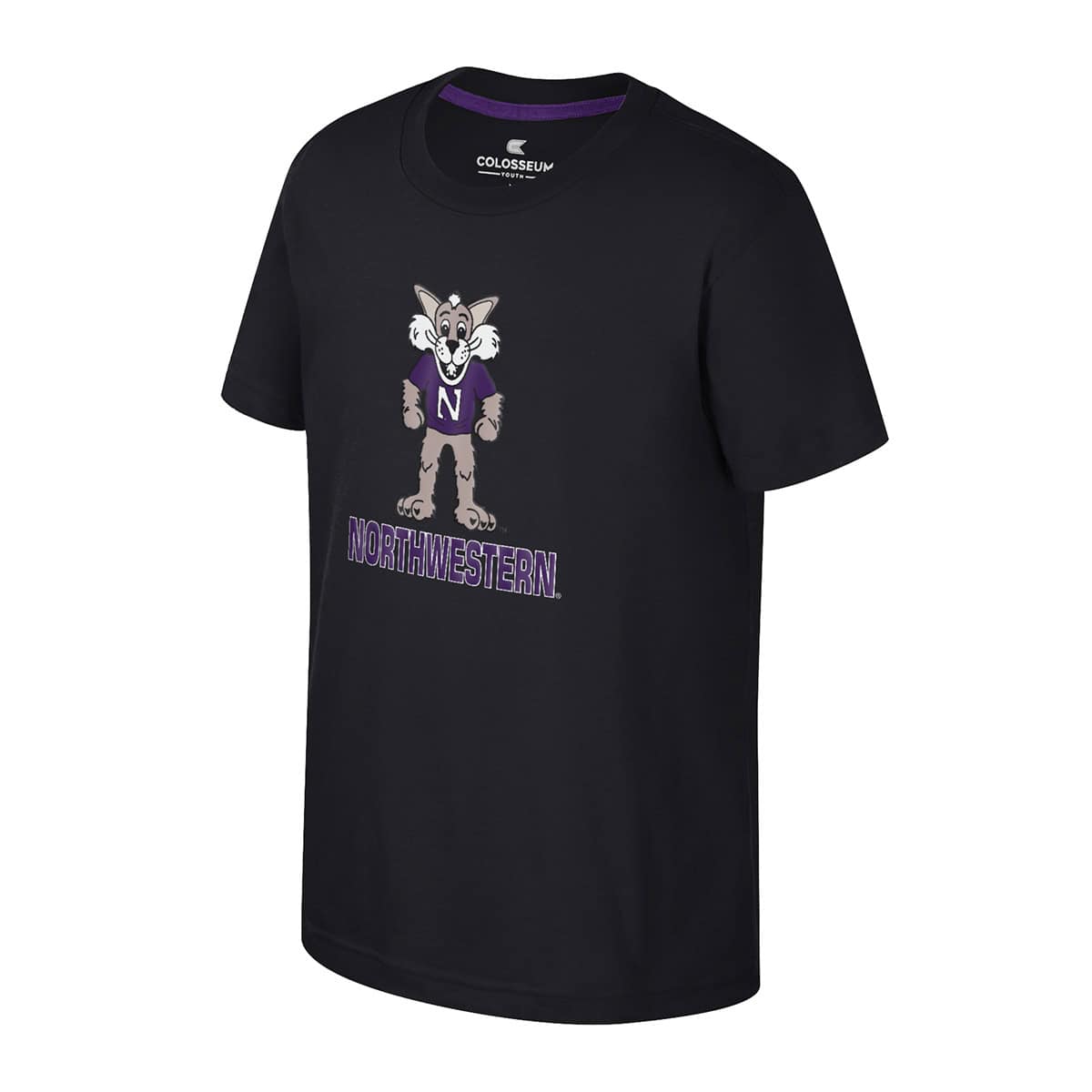 Northwestern University Wildcats Colosseum Youth Kril Black S/S Tee with Willie Over Northwestern Design