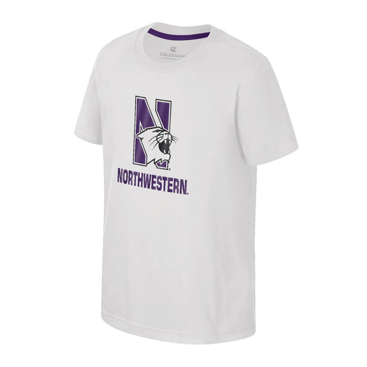 Northwestern University Wildcats Colosseum Youth Kril White S/S Tee with N-Cat Over Northwestern Design