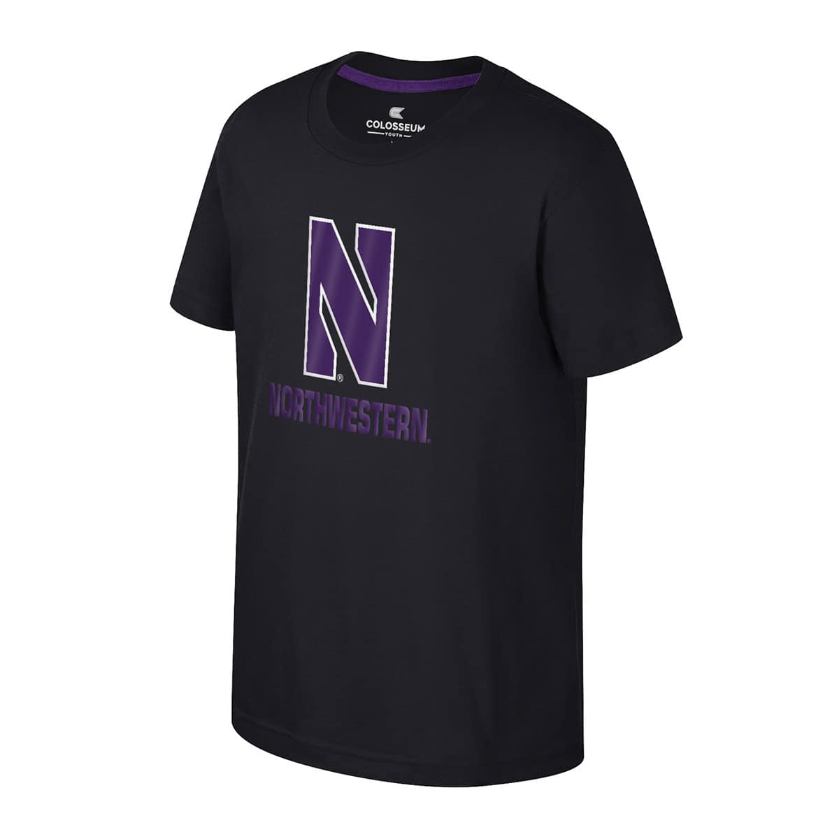 Northwestern University Wildcats Colosseum Youth Kril Black S/S Tee with Stylized N Over Northwestern Design