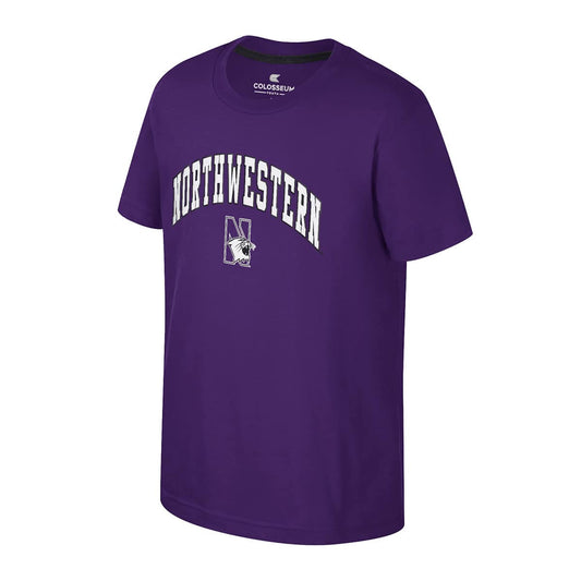 Northwestern University Wildcats Colosseum Youth Kril Purple S/S Tee with Arch Northwestern Over N-Cat Design