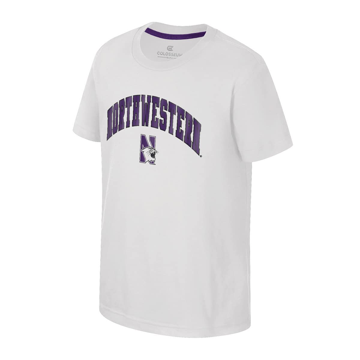 Northwestern University Wildcats Colosseum Youth Kril White S/S Tee with Arch Northwestern Over N-Cat Design