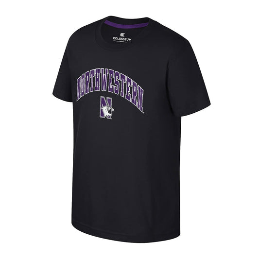 Northwestern University Wildcats Colosseum Youth Kril Black S/S Tee with Arch Northwestern Over N-Cat Design