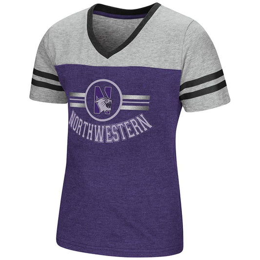 Northwestern University Wildcats Colosseum Girls Purple/Heather Grey Pee Wee Football T-Shirt with N-Cat Design